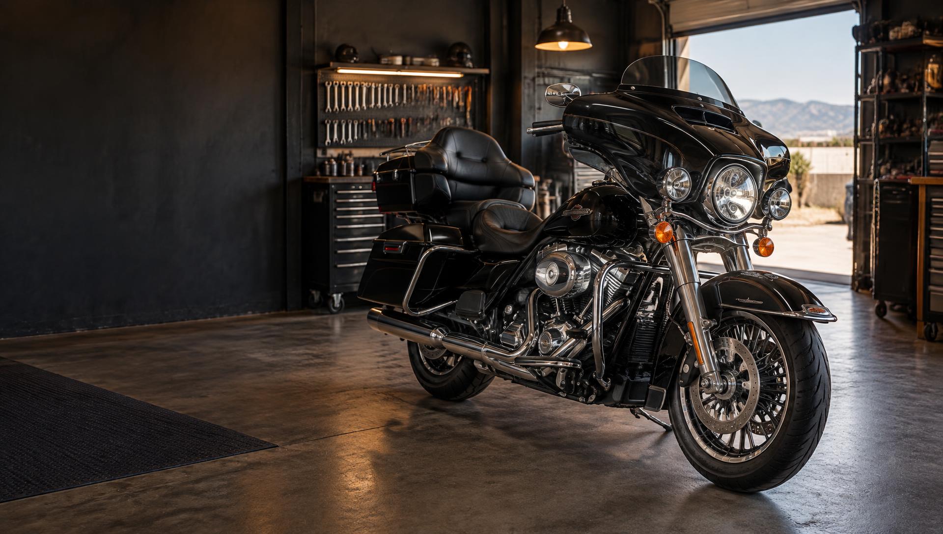 Black touring motorcycle in an independent workshop
