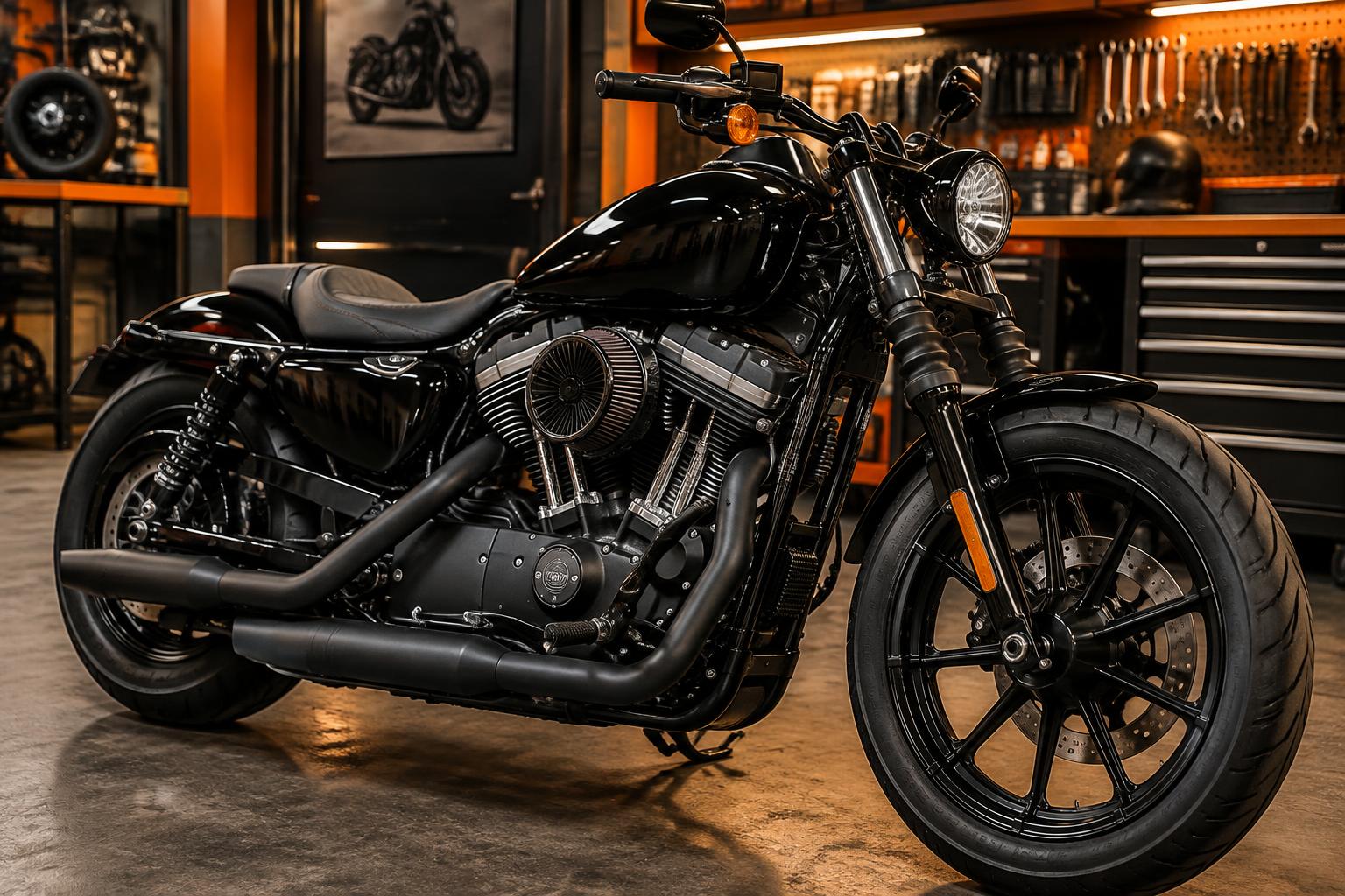 Black performance cruiser with detailed V-twin engine, air intake and exhaust in a motorcycle workshop